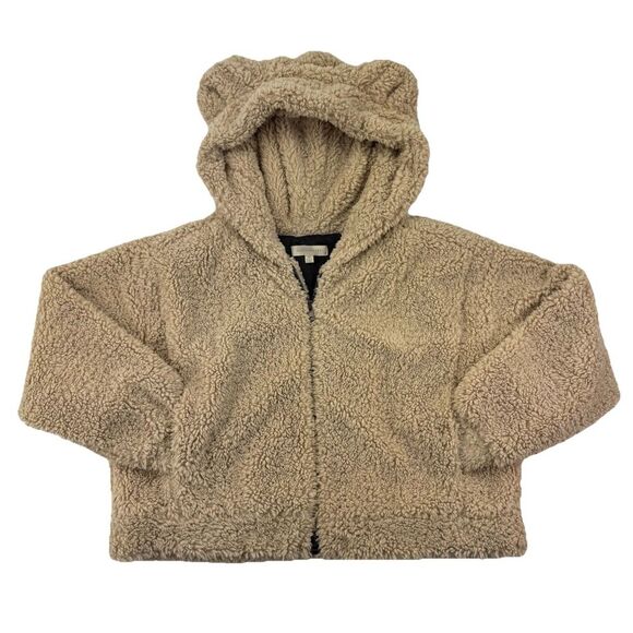 Dances & Marvel Sherpa Teddy Bear Hood Jacket Beige Tan Fuzzy Zip Women’s Medium - Picture 1 of 9